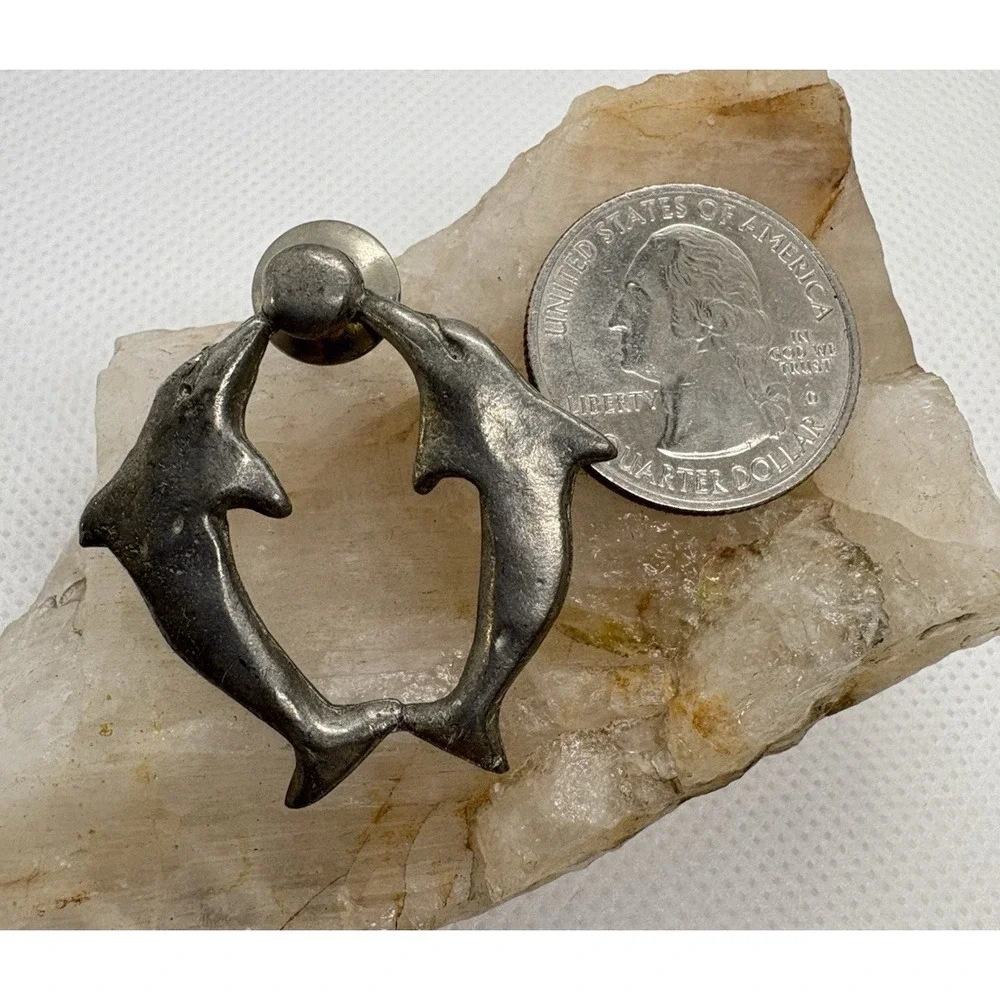 Vintage Pewter Dolphin Brooch Pin Signed H. Adams Two Dolphins with Ball Retro